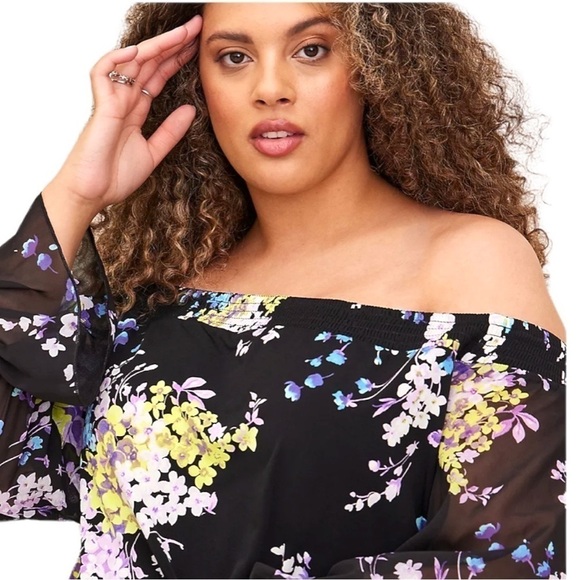 TORRID Black Floral Sheer Off Shoulder Blouse Boho Chic Size Woman’s 1X …Gothic - Picture 3 of 9